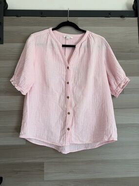beachlunchlounge Pink Cotton Gauze Short Sleeve Button Down Top, Size S